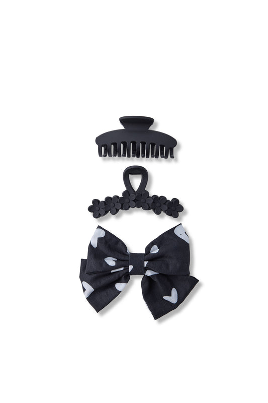 3 PC Flower Claw + Bow Set - Jet Black