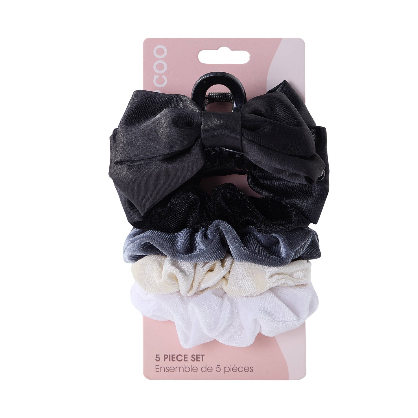 5 PC Bow Clip & Velour Scrunchie - Black/Steel