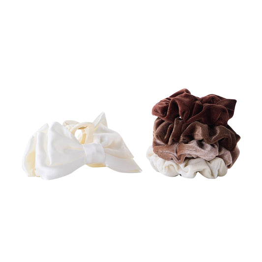 5 PC Bow Clip & Velour Scrunchie - Ivory/Hazelnut
