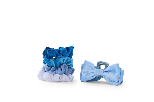 5 PC Bow Clip & Velour Scrunchie - Baby Azure