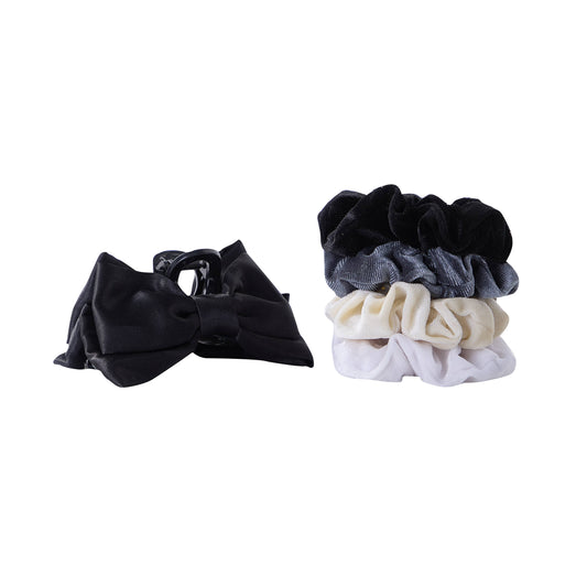 5 PC Bow Clip & Velour Scrunchie - Black/Steel