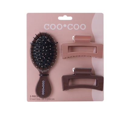 3 PC Mini Hair Brush & Claw Set - Mocha