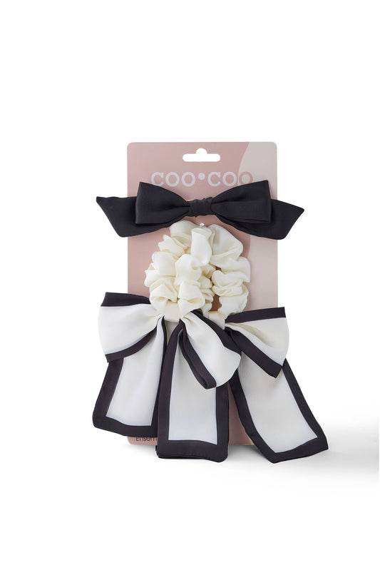 3 PC Western Bow Scrunchie & Bow Clip - Ivory/Black