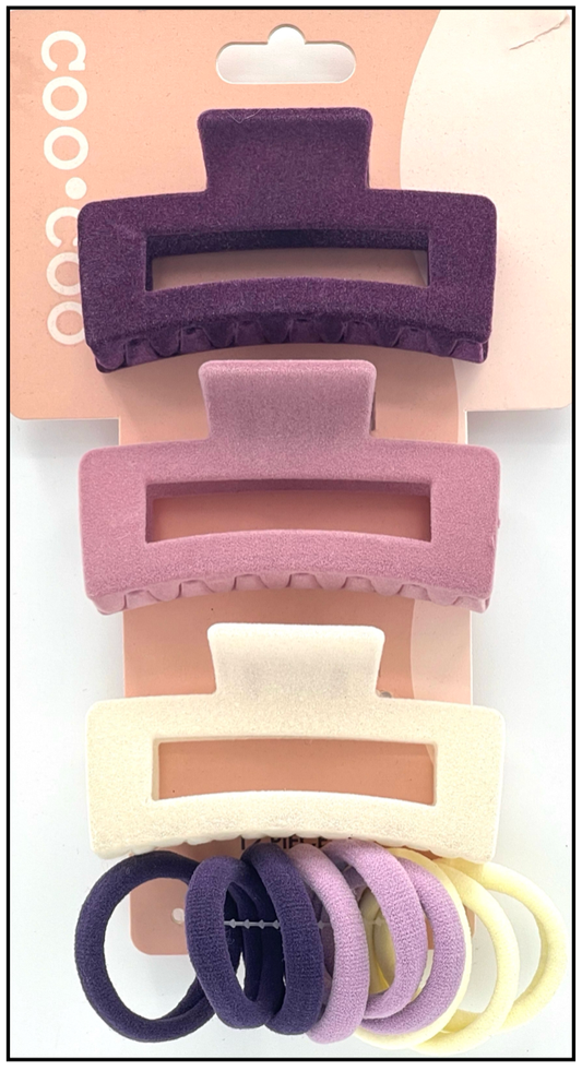 12 PC Tri-Color Velour Square Claws & Elastic Pack - Plum