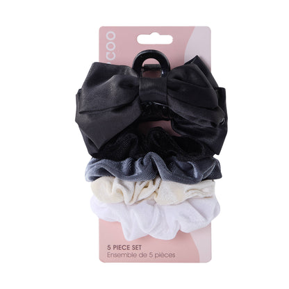 5 PC Bow Clip & Velour Scrunchie - Black/Steel