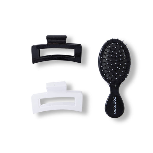 3 PC Mini Hair Brush & Claw Set - Black/White