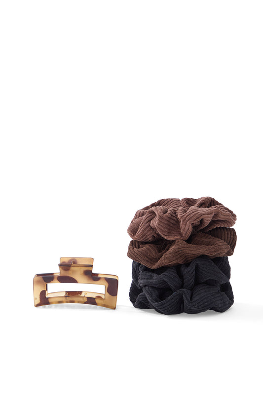 5 PC Corduroy Scrunchie & Claw - Tortoise/Hickory