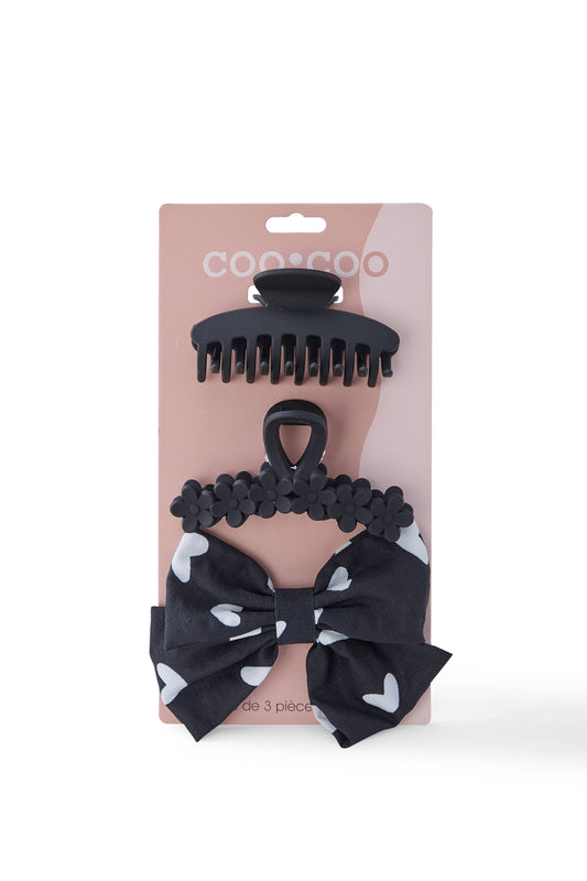 3 PC Flower Claw + Bow Set - Jet Black