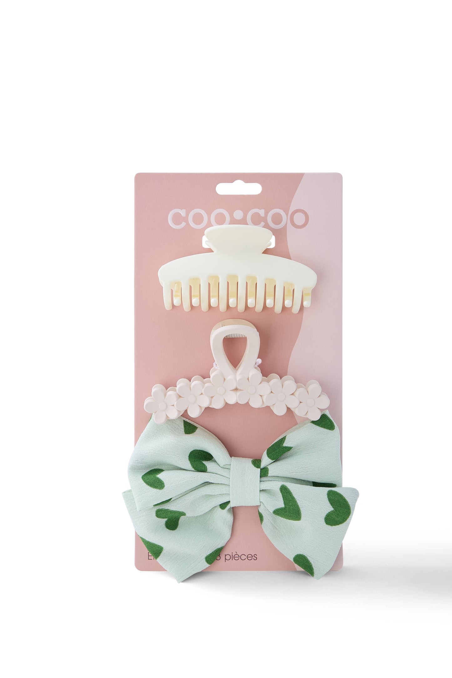 3 PC Flower Claw + Bow Set - Cream/Fern Green