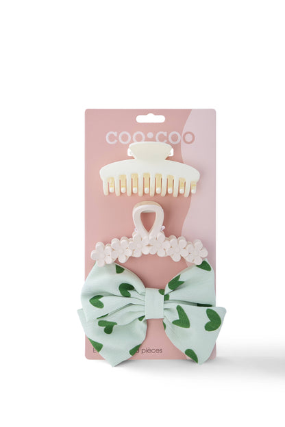 3 PC Flower Claw + Bow Set - Cream/Fern Green