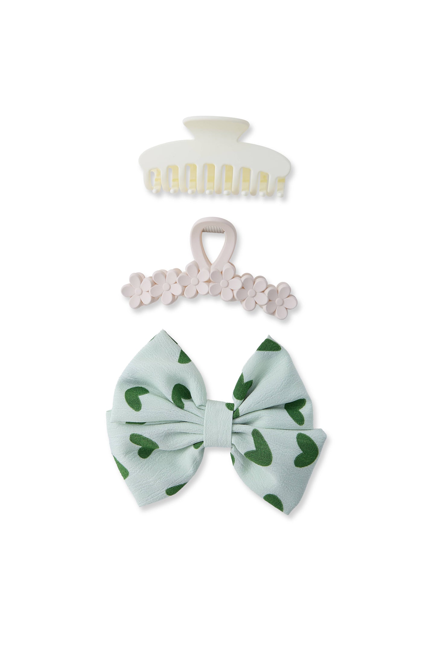 3 PC Flower Claw + Bow Set - Cream/Fern Green