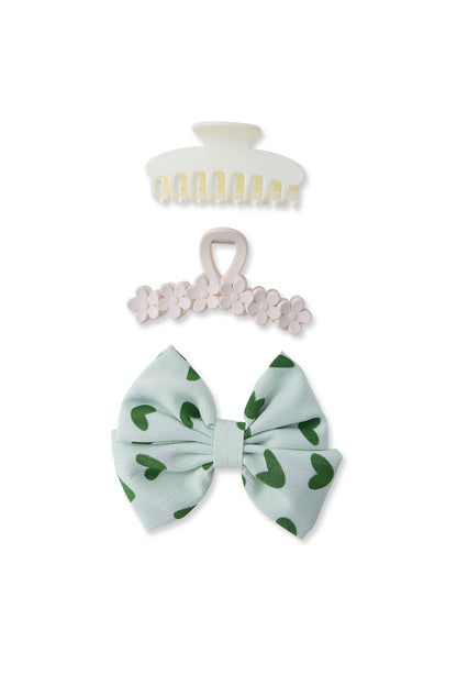 3 PC Flower Claw + Bow Set - Cream/Fern Green