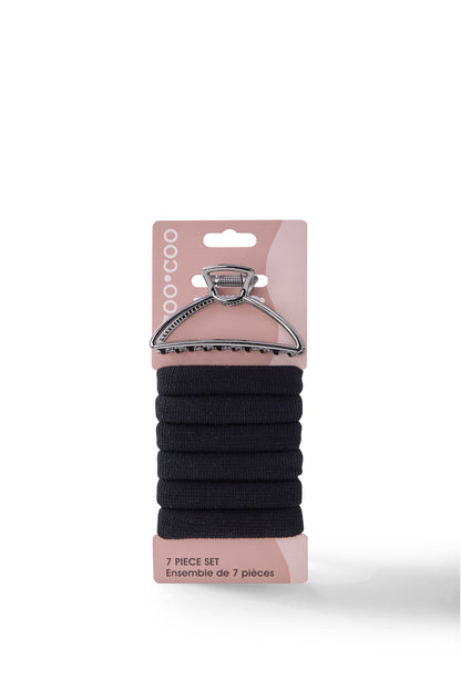 7 PC Metal Claw & 'Thick Hold' Elastic - Gun Metal/Black