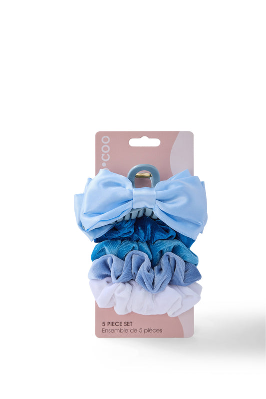 5 PC Bow Clip & Velour Scrunchie - Baby Azure