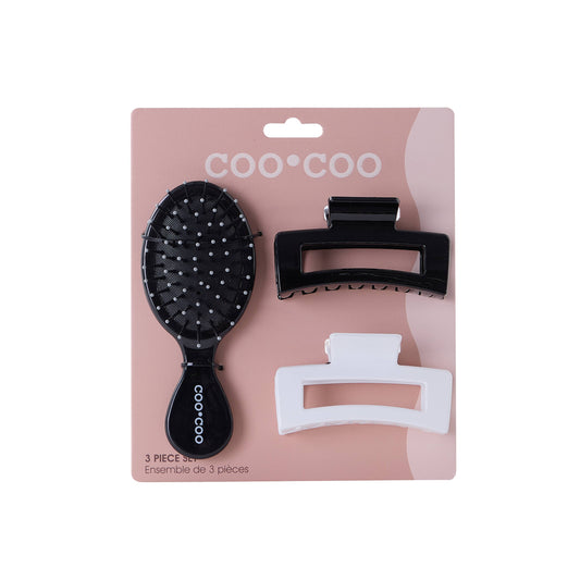 3 PC Mini Hair Brush & Claw Set - Black/White