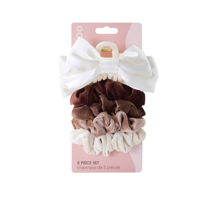 5 PC Bow Clip & Velour Scrunchie - Ivory/Hazelnut