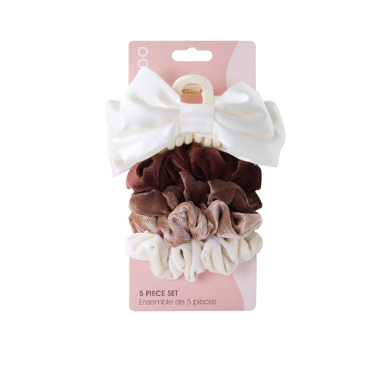 5 PC Bow Clip & Velour Scrunchie - Ivory/Hazelnut