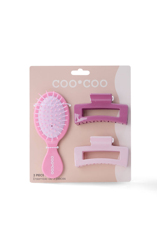 3 PC Mini Hair Brush & Claw Set - Bubblegum