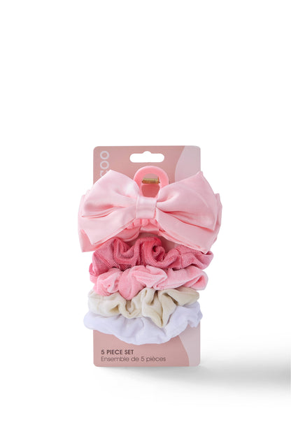 5 PC Bow Clip & Velour Scrunchie - Coral