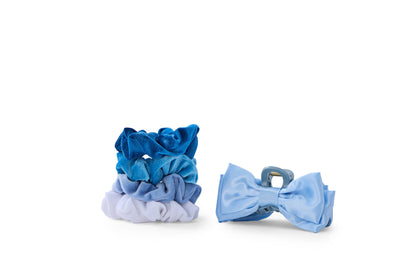 5 PC Bow Clip & Velour Scrunchie - Baby Azure