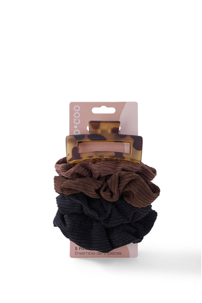 5 PC Corduroy Scrunchie & Claw - Tortoise/Hickory